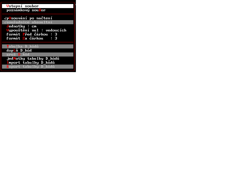 Menu Konfigurace programu Gerber vsstup